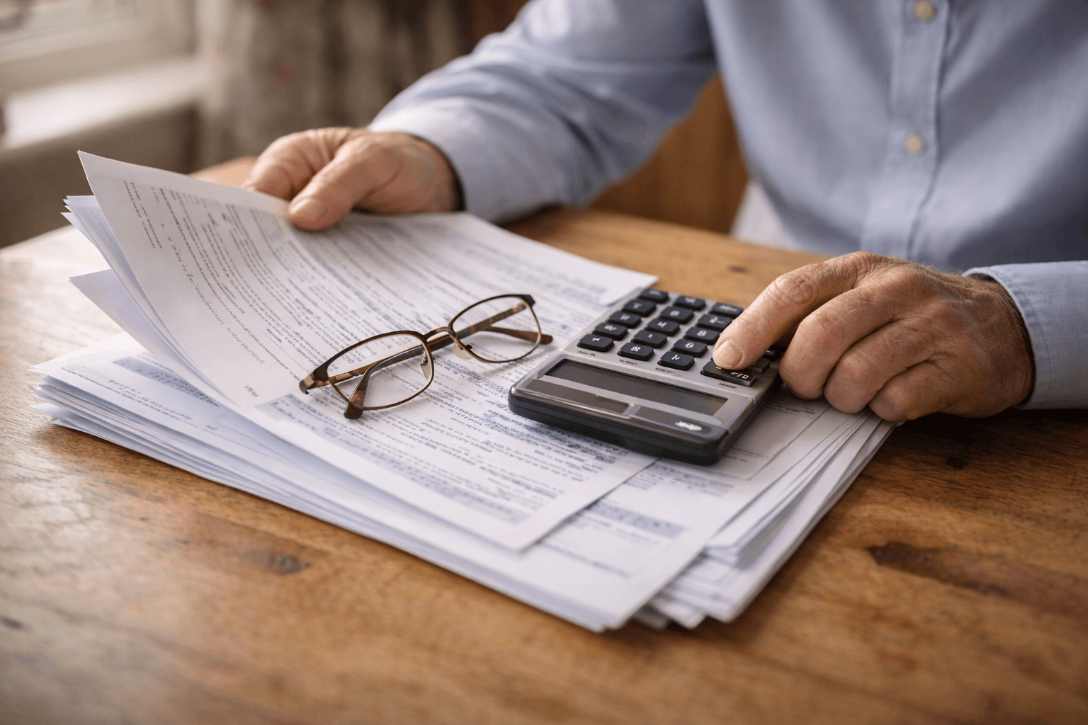 Close-up of financial documents and calculator